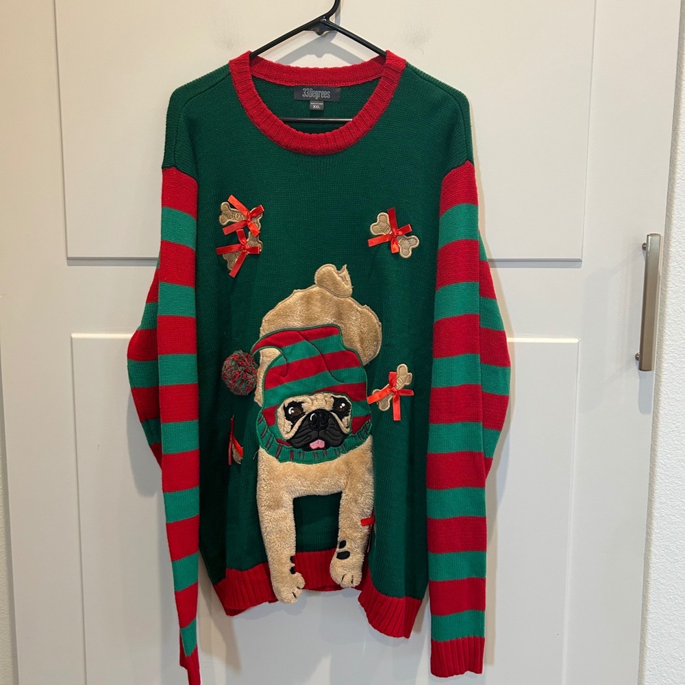 33 Degrees Ugly Christmas Sweater Pug Dog‎ Festive Green Red Stripe XXLFunny